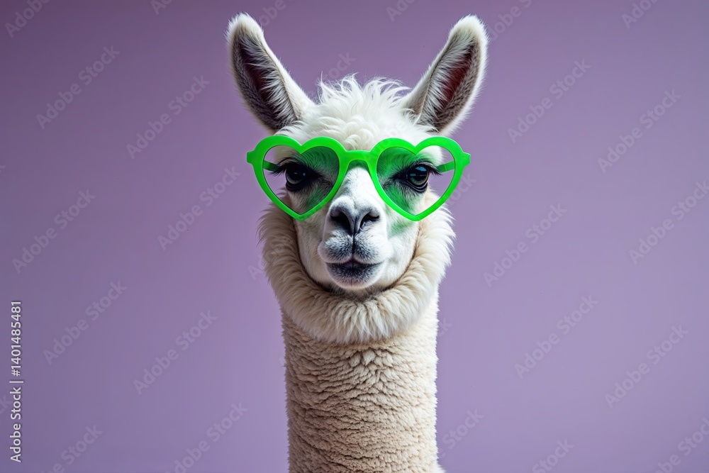 Naklejka premium Quirky Snow-White Llama with Vibrant Green Heart Glasses on Mellow Lilac Background with Generous Copy Space