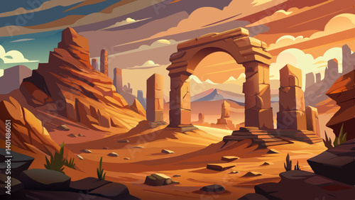 Ancient rock arches rise above the dusty ground in a timeless landscape
