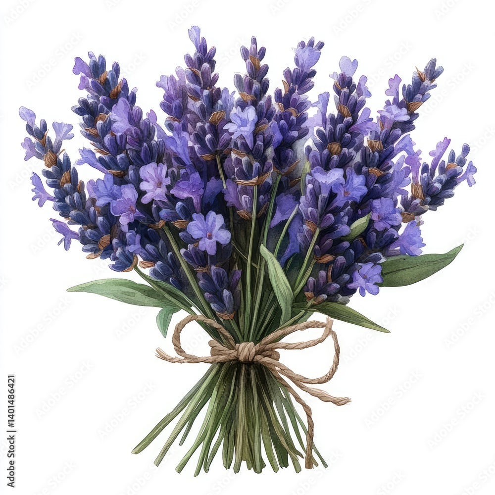 Obraz premium Delicate lavender bouquet. A vibrant bunch of lavender flowers, tied with a natural twine bow, against a pristine white background. Soft hues of purple and green leaves create a relaxing aesthetic