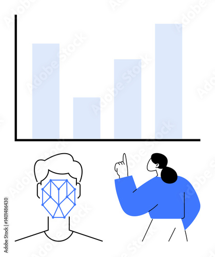 Bar chart analysis alongside facial recognition overlay, observer pointing to metrics. Ideal for AI, data privacy, research, innovation, technology, analytics security. Flat simple metaphor