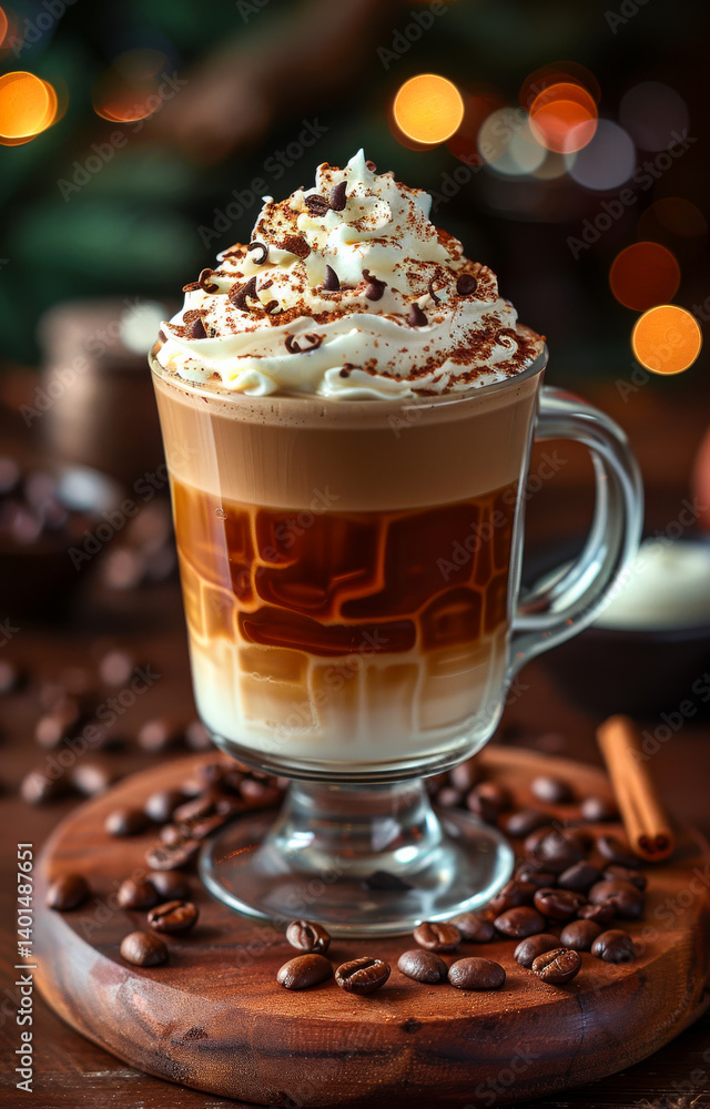 Cozy layered coffee drink. A cozy coffee drink topped with whipped cream and chocolate shavings rests on a wooden board with coffee beans. Cozy layered coffee drink. A cozy coffee drink topped with whipped cream and chocolate shavings rests on a wooden board with coffee beans.