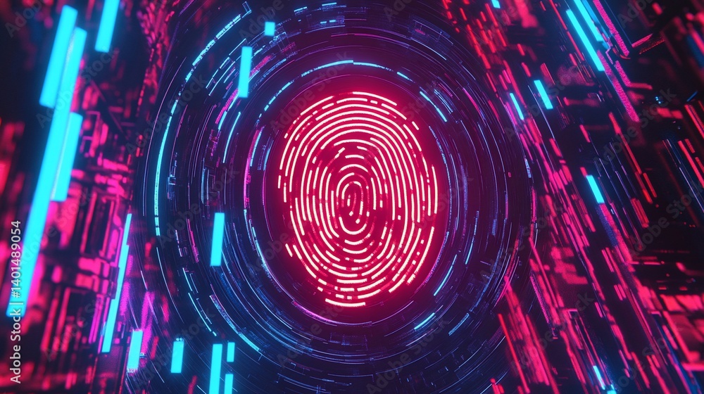 Fototapeta premium Abstract Neon Fingerprint in a Futuristic Cyberspace Tunnel