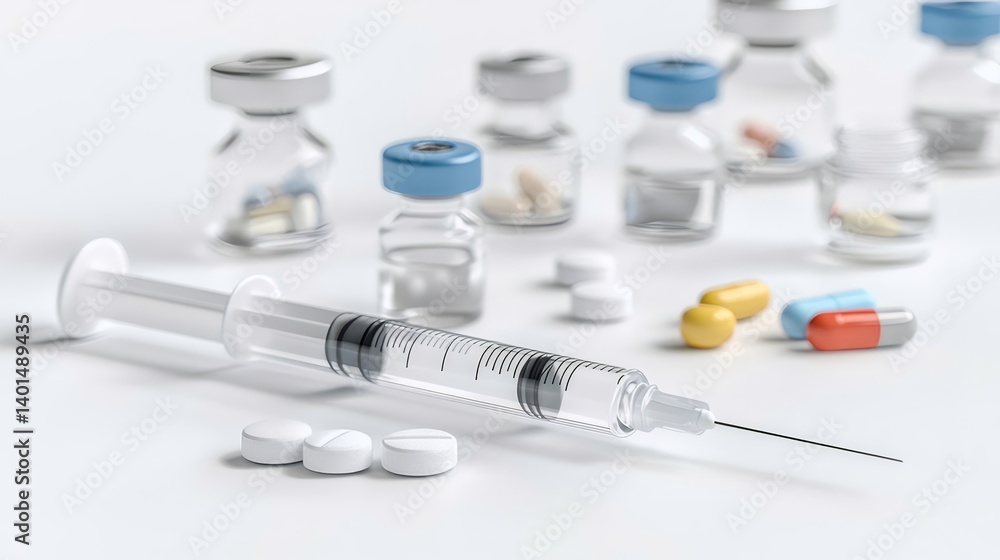 白い背景に配置された注射器と医薬品のクローズアップ 様々な色の丸薬とバイアルボトルが背景に配置されています 白い背景に配置された注射器と医薬品のクローズアップ 様々な色の丸薬とバイアルボトルが背景に配置されています