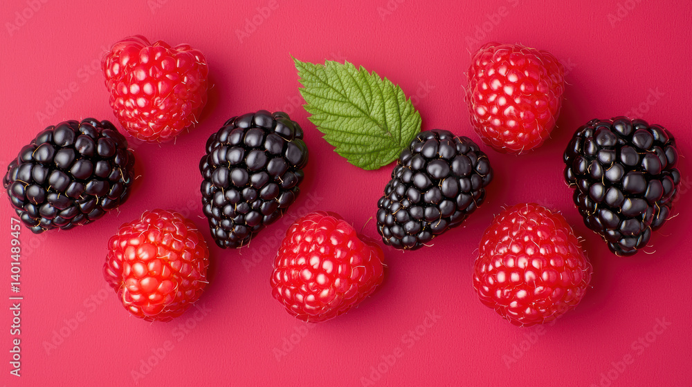 Fresh raspberries and blackberries arranged artfully on a vibrant red background create a delicious and visually appealing image perfect for food blogs websites and culinary Fresh raspberries and blackberries arranged artfully on a vibrant red background create a delicious and visually appealing image perfect for food blogs websites and culinary