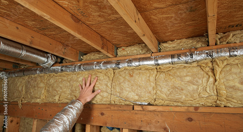 A hand gently touches insulation, showcasing a meticulous home improvement project with a focus on energy efficiency and a warm, earthy tone.