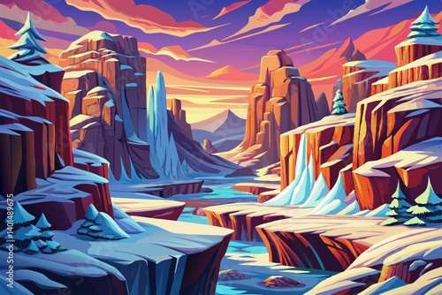 Frozen canyon and Mountains peak view snowy landscape at sunset, vector illustration background, snow high alp mountain