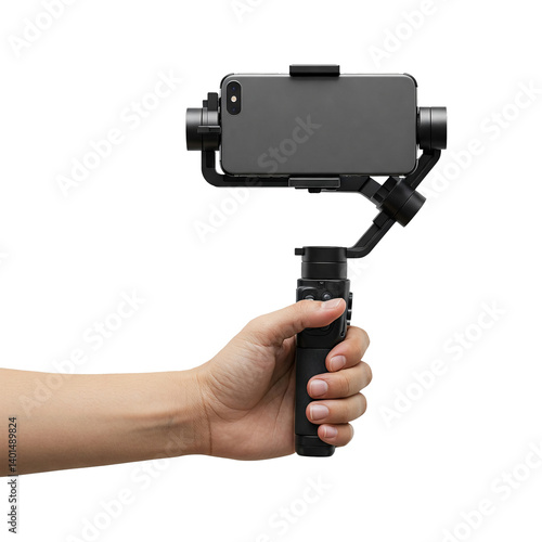 hand holding a cell phone with a stabilizer