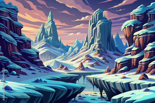 Frozen canyon and Mountains peak view snowy landscape at sunset, vector illustration background, snow high alp mountain