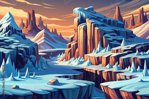 Frozen canyon and Mountains peak view snowy landscape at sunset, vector illustration background, snow high alp mountain
