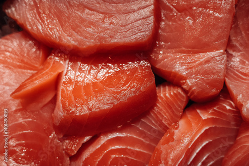 A pile of red fish fillets. The fish are cut into small pieces