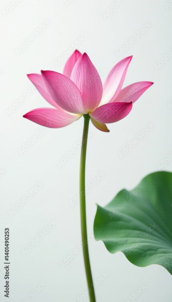 Fototapeta premium Single pink lotus blossom, minimalist white backdrop, painting, fresh
