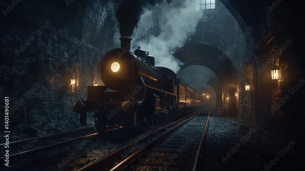 Naklejka premium Steam train station dark night