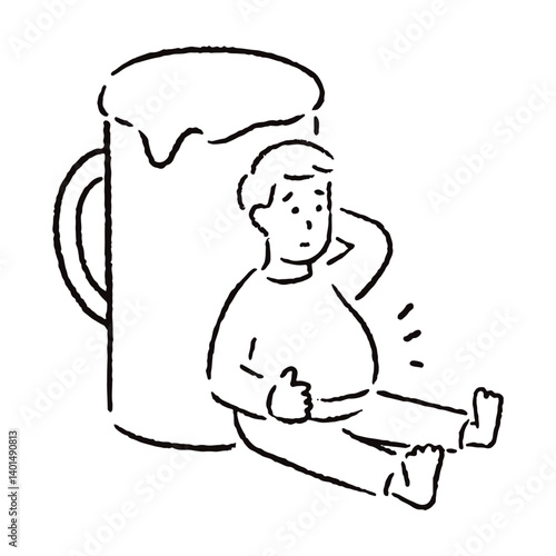 ビール腹を気にする男性_白黒