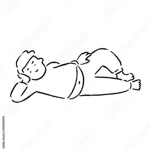 お腹を出して横に寝そべる男性_白黒