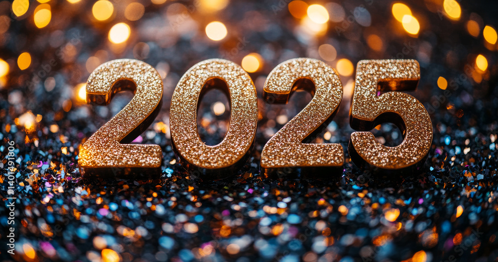 Sparkly 2025 celebration decor. Golden numbers celebrate the arrival of 2025 surrounded by colorful glitter during a festive event. Sparkly 2025 celebration decor. Golden numbers celebrate the arrival of 2025 surrounded by colorful glitter during a festive event.
