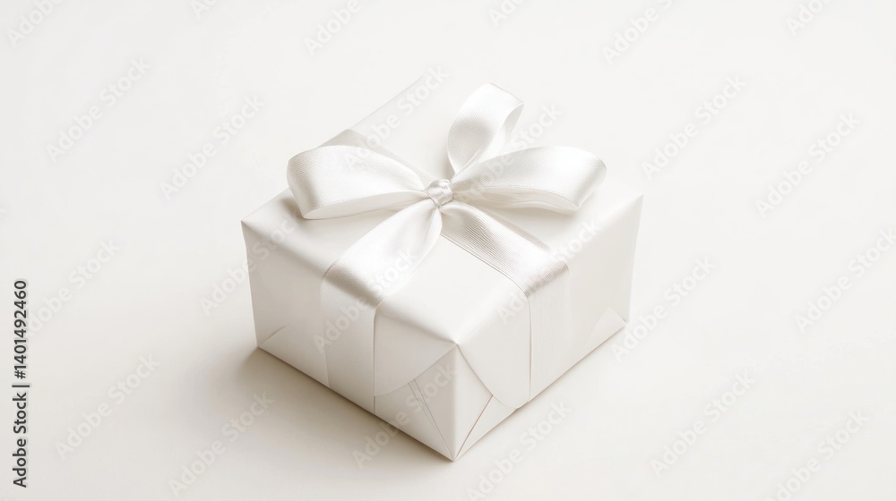 A present adorned with a white bow, sitting on a white background, symbolizing celebration and joy. A present adorned with a white bow, sitting on a white background, symbolizing celebration and joy.
