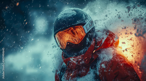 Dramatic action shot of skier amidst intense snowfall, wearing helmet and goggles, capturing thrill and intensity of winter sports