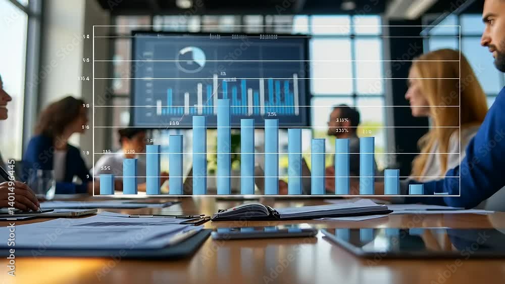 Colleagues analyze graphical business data at a meeting, paperwork on table, modern office setting