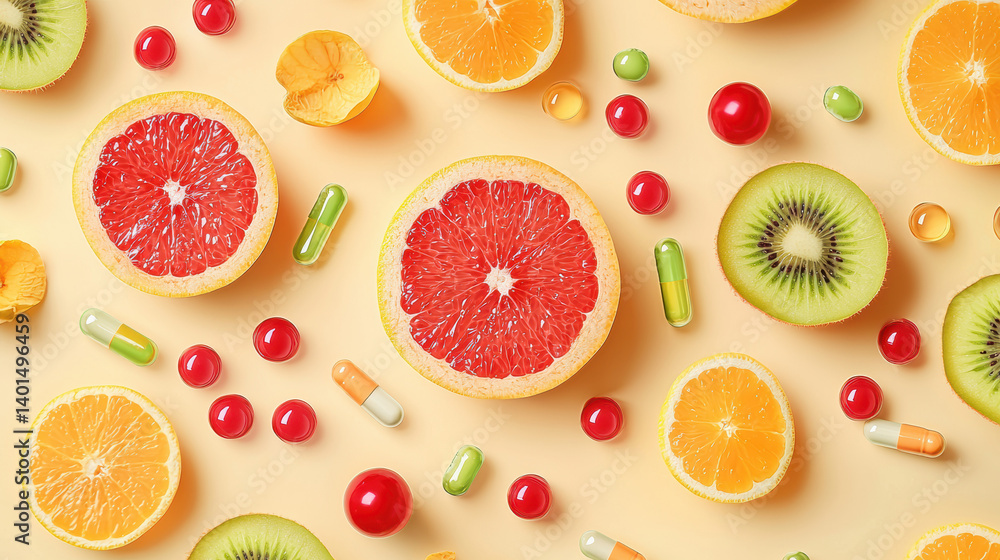 A vibrant flat lay showcasing halved oranges, grapefruits, and kiwis alongside assorted colorful vitamin capsules and pills on a pale yellow background. A vibrant flat lay showcasing halved oranges, grapefruits, and kiwis alongside assorted colorful vitamin capsules and pills on a pale yellow background.