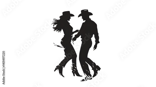 A couple dancing passionately in cowboy attire, emphasizing movement and rhythm against a simple background.