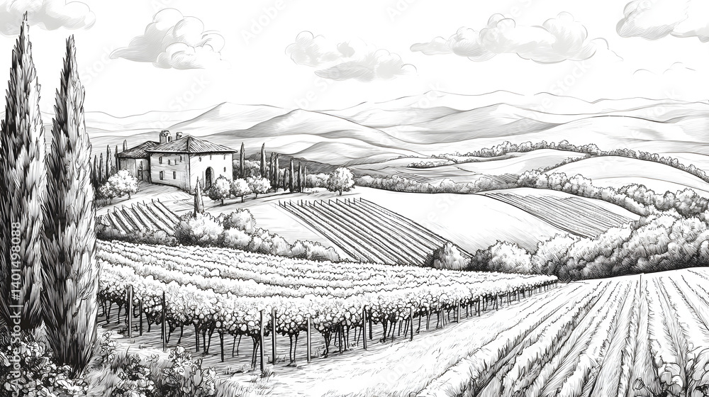 Fototapeta premium Black and white landscape of rolling hills with vineyards and a rustic farmhouse.