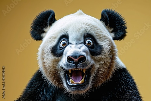 Funny Surprised Panda Expression on Bright Yellow Background