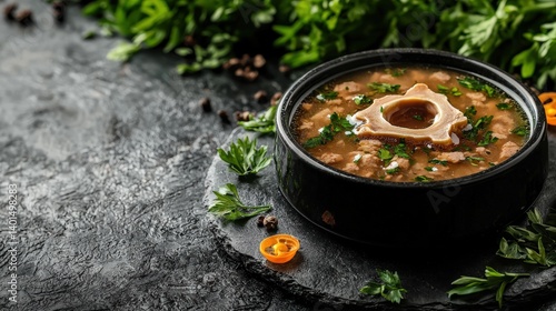 Warm bowl of soup with a spoon on the side, emphasizing comfort food for pets with room for text