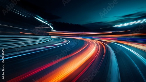 Abstract speed motion blur background racing car light trails on race track at night long exposure shot