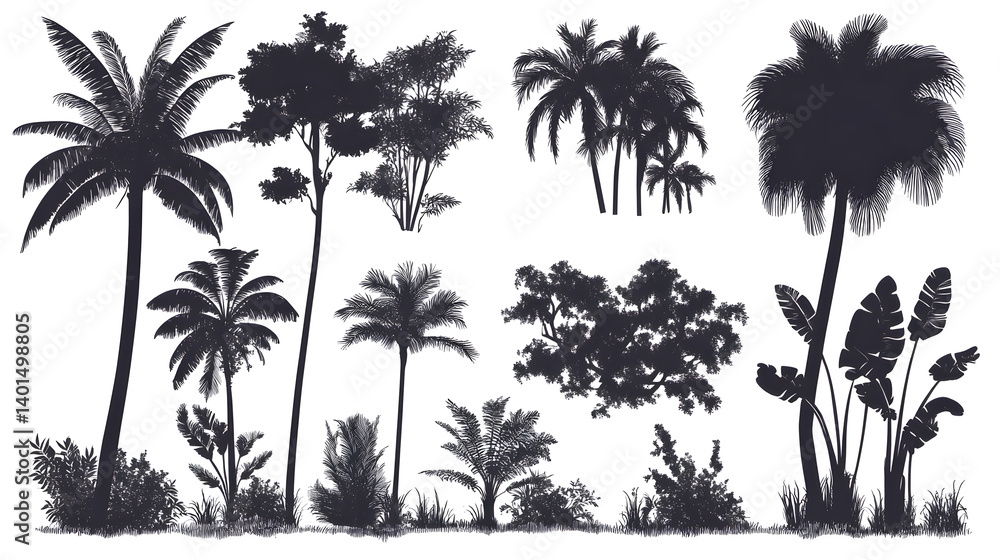 A collection of diverse tropical plants and trees, showcasing various silhouettes against a white background. A collection of diverse tropical plants and trees, showcasing various silhouettes against a white background.