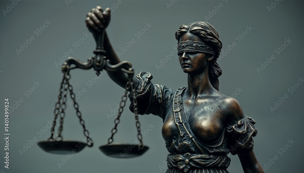 Bronze statue of Lady Justice holding scales blindfolded on dark background Bronze statue of Lady Justice holding scales blindfolded on dark background