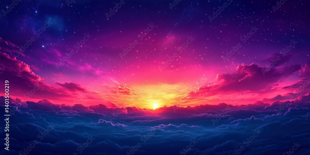 Vibrant sunset over a cloudy sky with shades of pink, orange, and purple reflecting the evening light Vibrant sunset over a cloudy sky with shades of pink, orange, and purple reflecting the evening light