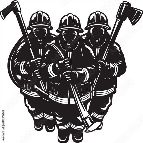 Firefighter team in a V formation holding various gear Silhouette vector