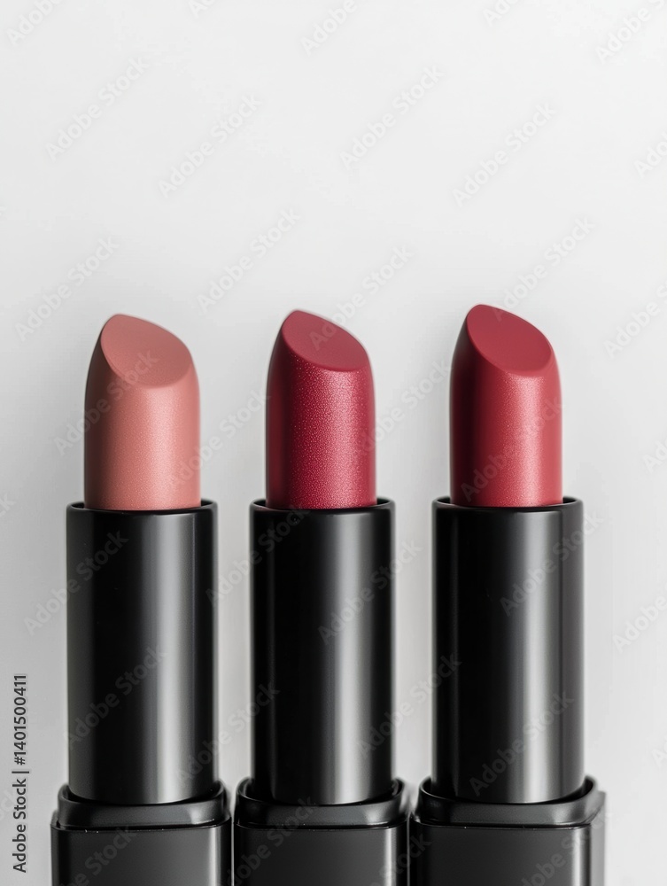 Lipstick in three colors in a black case on an isolated background Lipstick in three colors in a black case on an isolated background