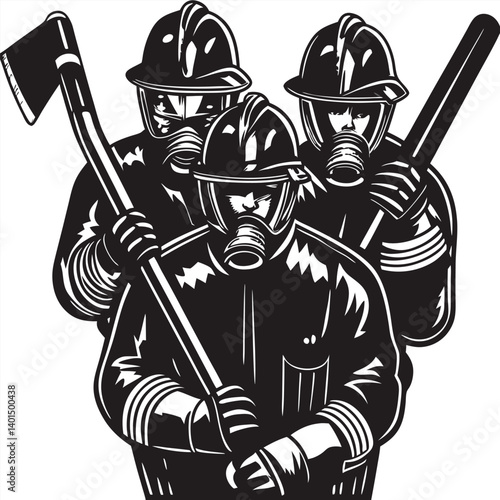 Firefighter team in a V formation holding various gear Silhouette vector