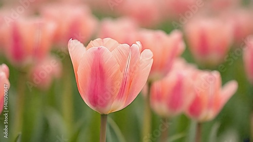 Close-Up of Vibrant Pink Tulips with Delicate Petals and Hints of Yellow in a Natural Blooming Field Background.