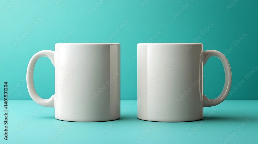 Two blank white mugs on mint green surface Two blank white mugs on mint green surface