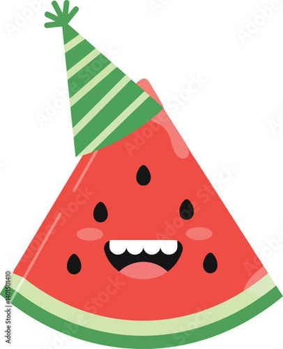 Cheerful watermelon slice character wearing a striped party hat in a flat vector art style