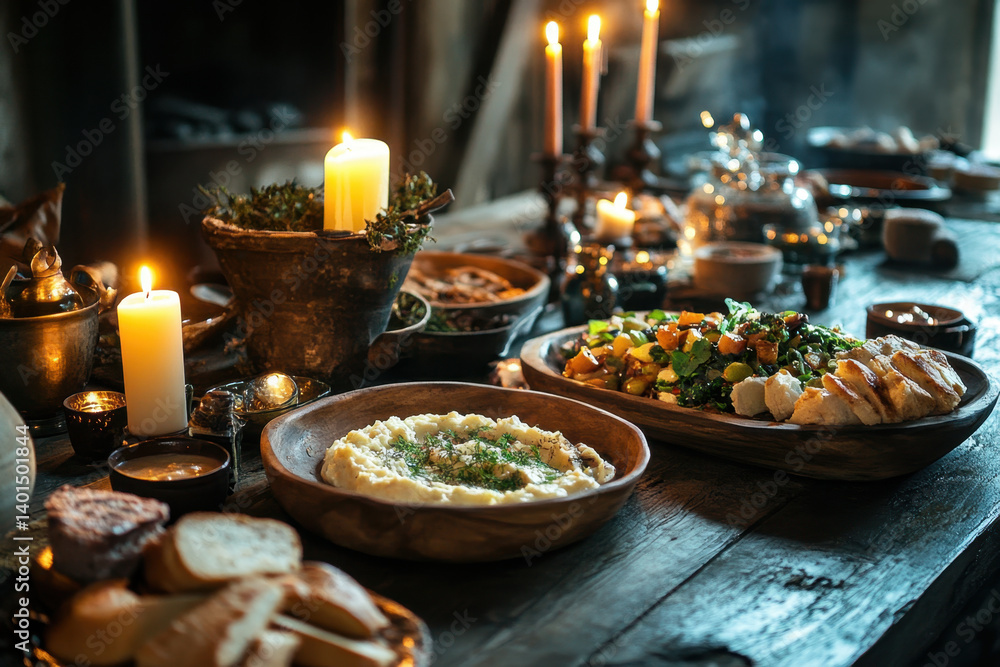 Naklejka premium Table set with food plates and lit candles.