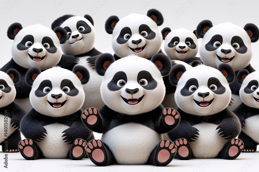 Delightful Three Dimensional Cartoon Panda Bears with Joyful Expressions on White Background Delightful Three Dimensional Cartoon Panda Bears with Joyful Expressions on White Background
