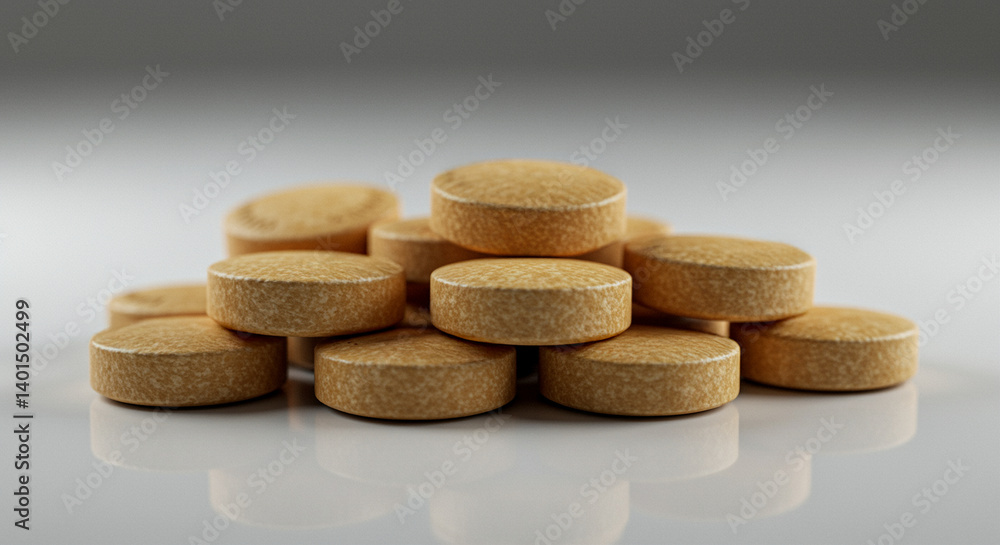 Pills Stacked on White Surface representing medication and tablets. Pile of beige round pills are stacked in a heap on a reflective white surface Pills Stacked on White Surface representing medication and tablets. Pile of beige round pills are stacked in a heap on a reflective white surface