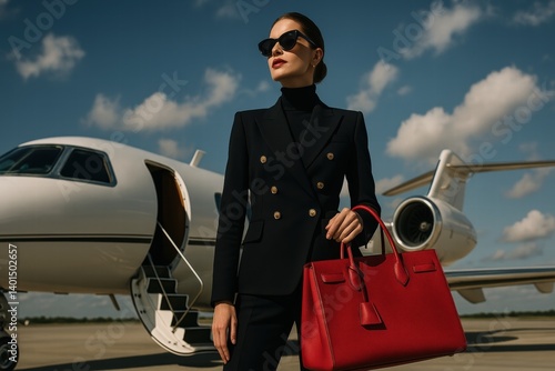 A stylish woman, dressed in a tailored suit and sunglasses, stands confidently by a private jet, holding a vibrant red handbag.