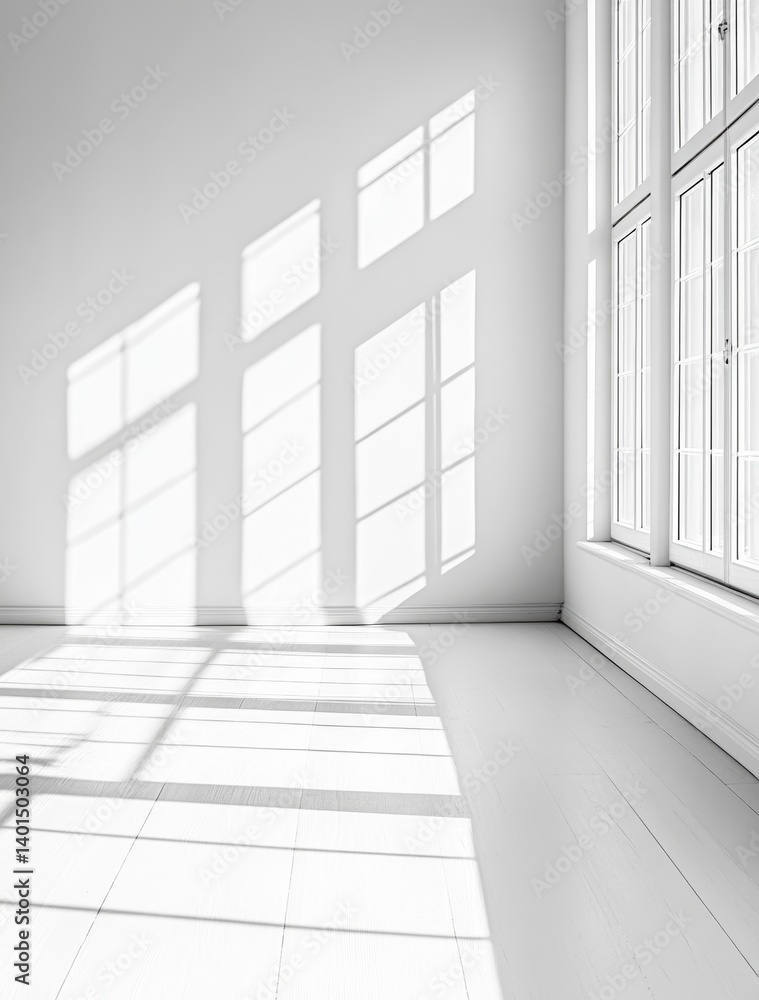 Obraz premium Light Streaming Through Large Windows Illuminates a Minimalist Room With Elegant Moldings in Soft Monochrome Tones