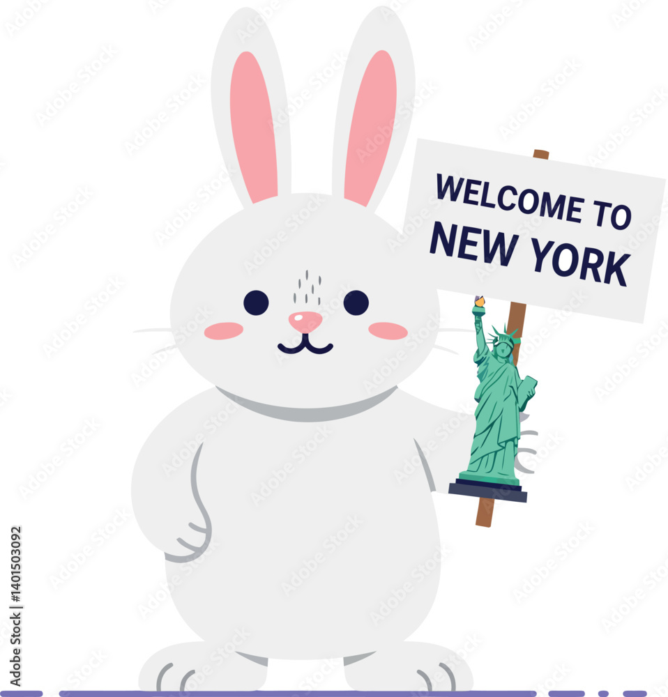 Fototapeta premium Cheerful white rabbit holding a sign welcoming visitors to New York in a minimal vector illustration