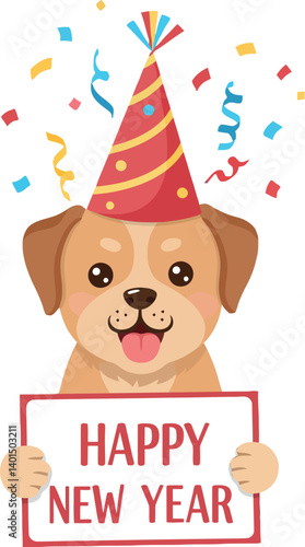 Cheerful dog in a party hat celebrating New Year with festive confetti in flat vector art