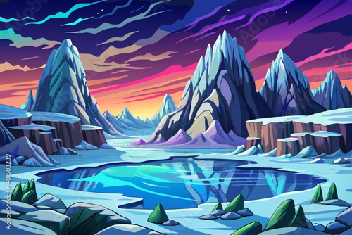 Mountains peak view snowy landscape with frozen lake, vector illustration background, snow high alp mountain