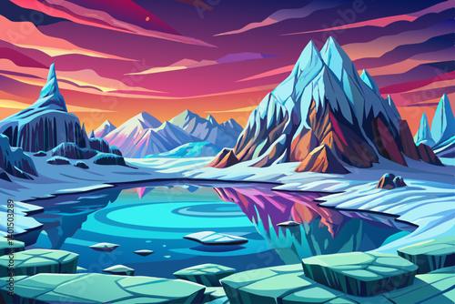 Mountains peak view snowy landscape with frozen lake, vector illustration background, snow high alp mountain