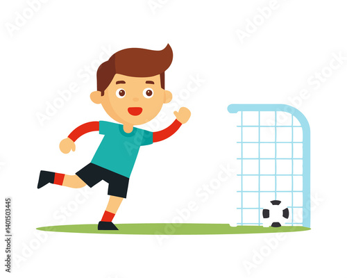 Soccer Goal Celebration on transferring background, A young soccer player kicks the ball towards the goal isolate on transferring background