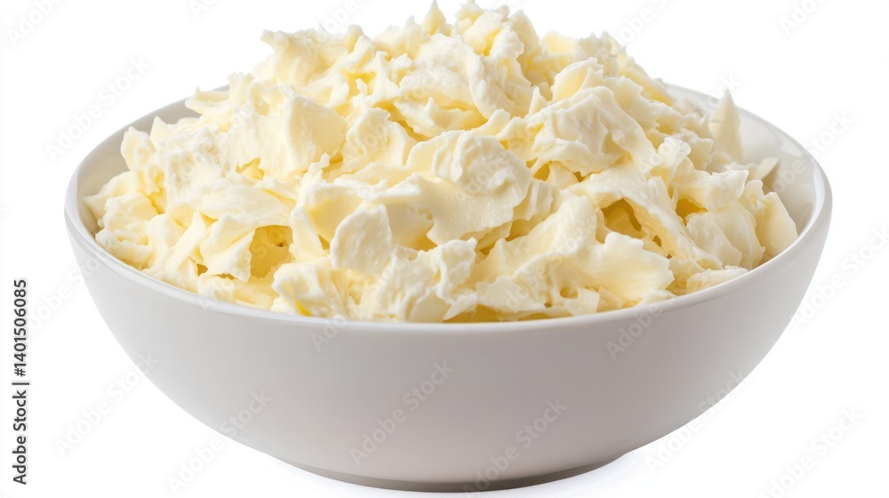 Freshly shredded mozzarella cheese piled high in a pristine white bowl, each delicate shred curling in perfect symmetry, isolated against a transparent background with soft, crisp lighting. Freshly shredded mozzarella cheese piled high in a pristine white bowl, each delicate shred curling in perfect symmetry, isolated against a transparent background with soft, crisp lighting.