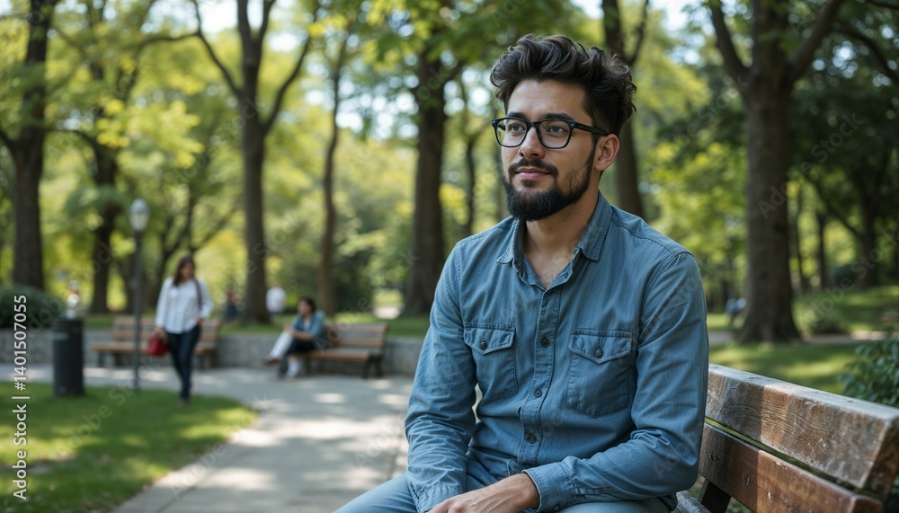 Young man sitting and smiling in a park surrounded by greenery Young man sitting and smiling in a park surrounded by greenery