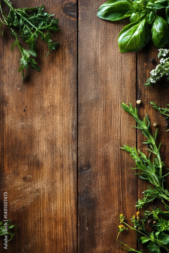 Fresh Herbs Displayed on a Rustic Wooden Table, Showcasing Vibrant Colors and Diverse Textures in a Natural Setting Fresh Herbs Displayed on a Rustic Wooden Table, Showcasing Vibrant Colors and Diverse Textures in a Natural Setting